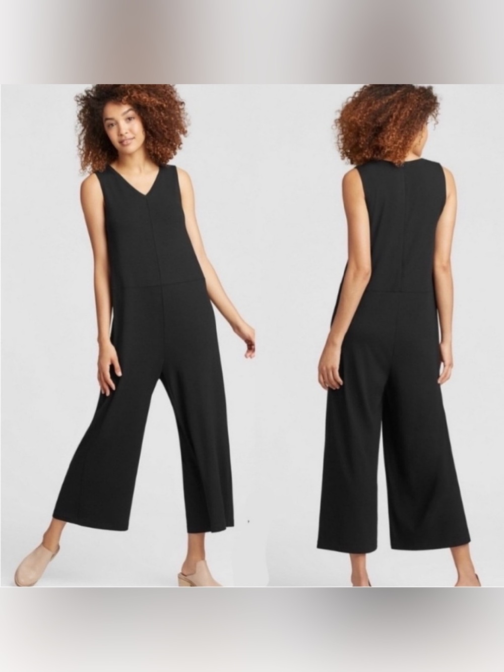 Eileen Fisher Stretch Viscose Sleeveless V-Neck Jumpsuit Black Medium Wide Leg